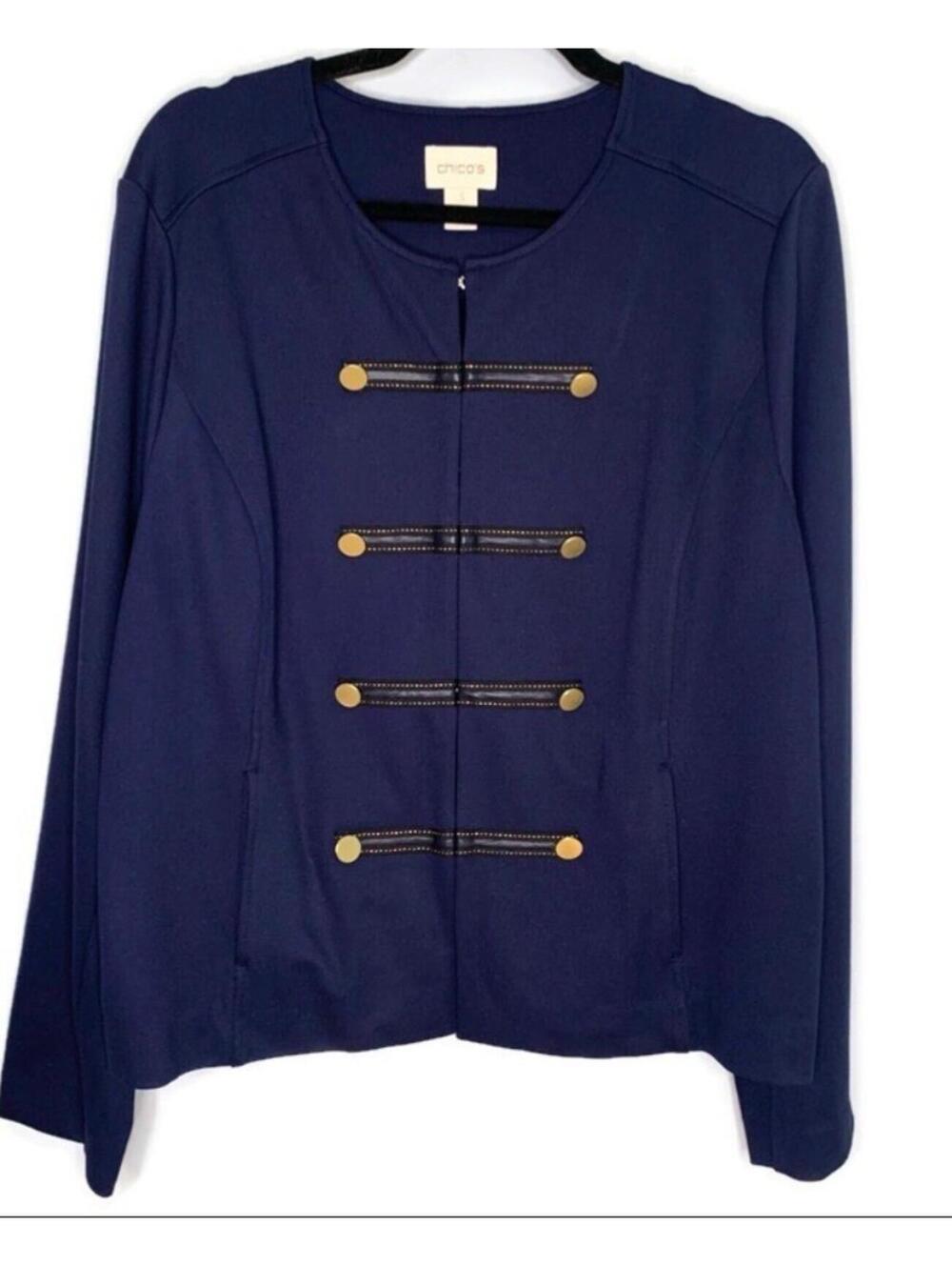 Chico’s Deep Navy Military Long Sleeve Crew Neck Stretch Knit Jacket Size 3, XL